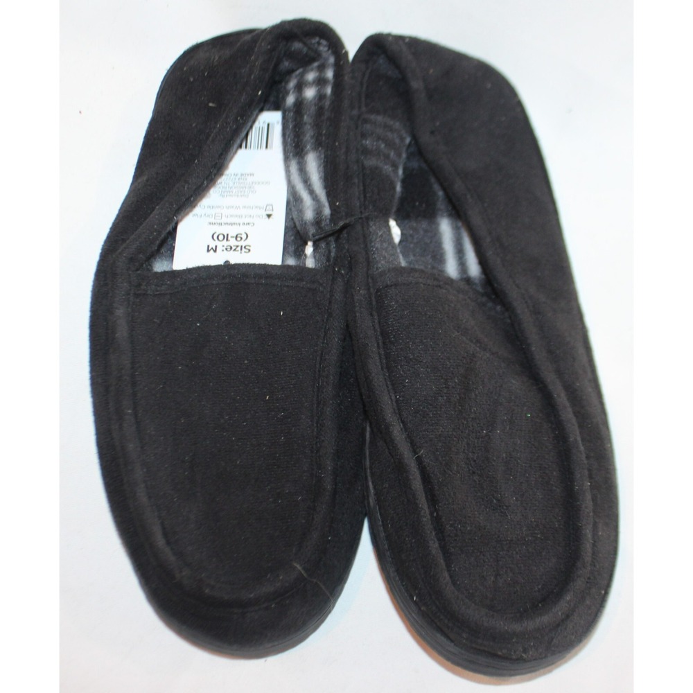 Mission Ridge Men's Black Faux Slippers Slip On Plaid Lining Size M (9-10) NWOT